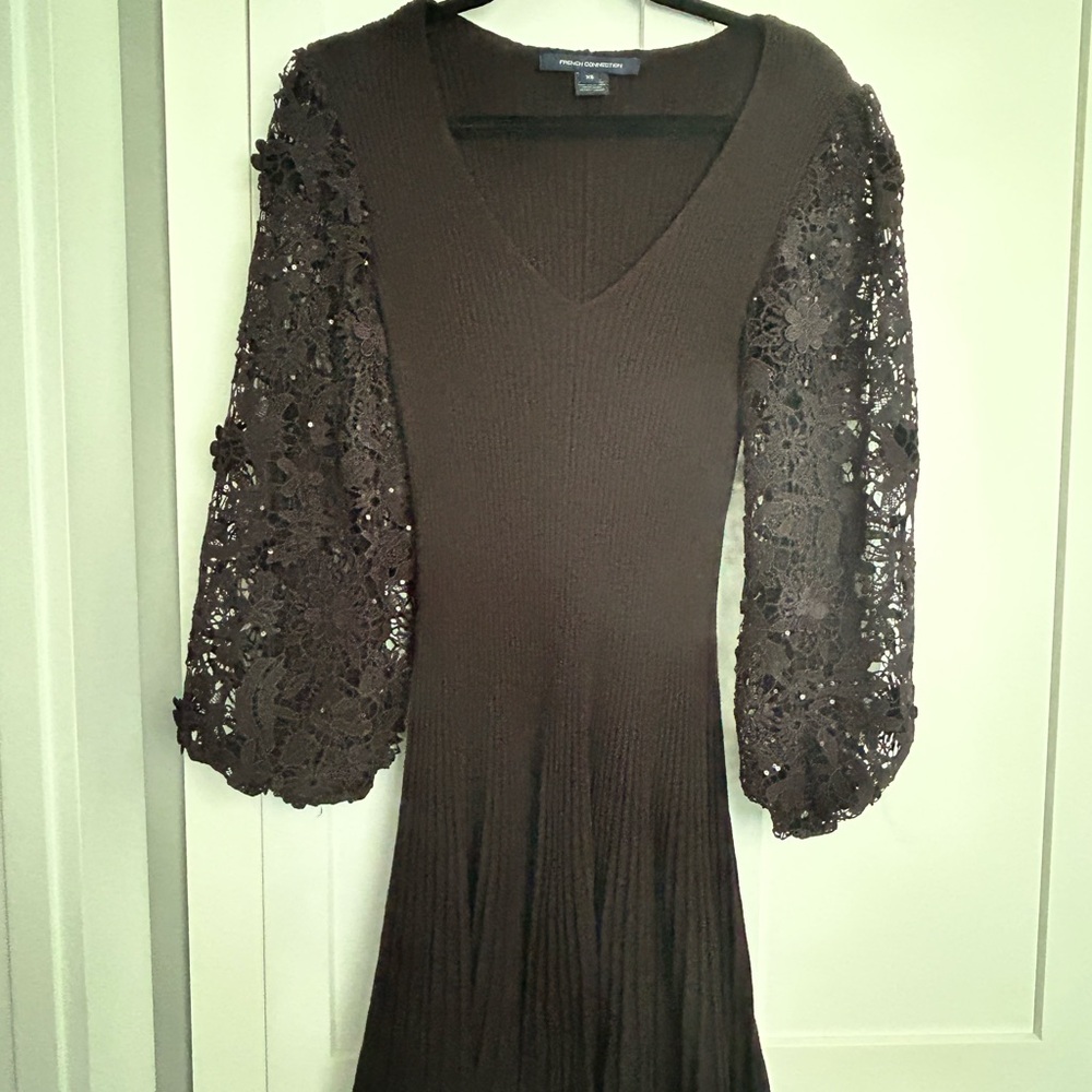 French Connection Black Lace Sleeve Dress